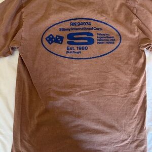 Stussy Brown Tee with Blue Graphic - M